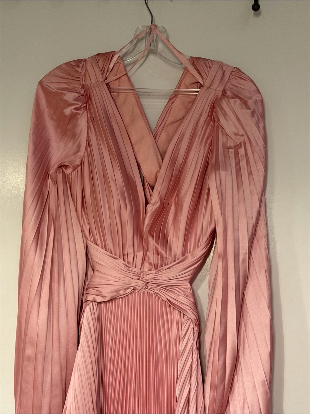 MacDuggal Pink Pleated Long Sleeve Satin Dress - Picture 2 of 5